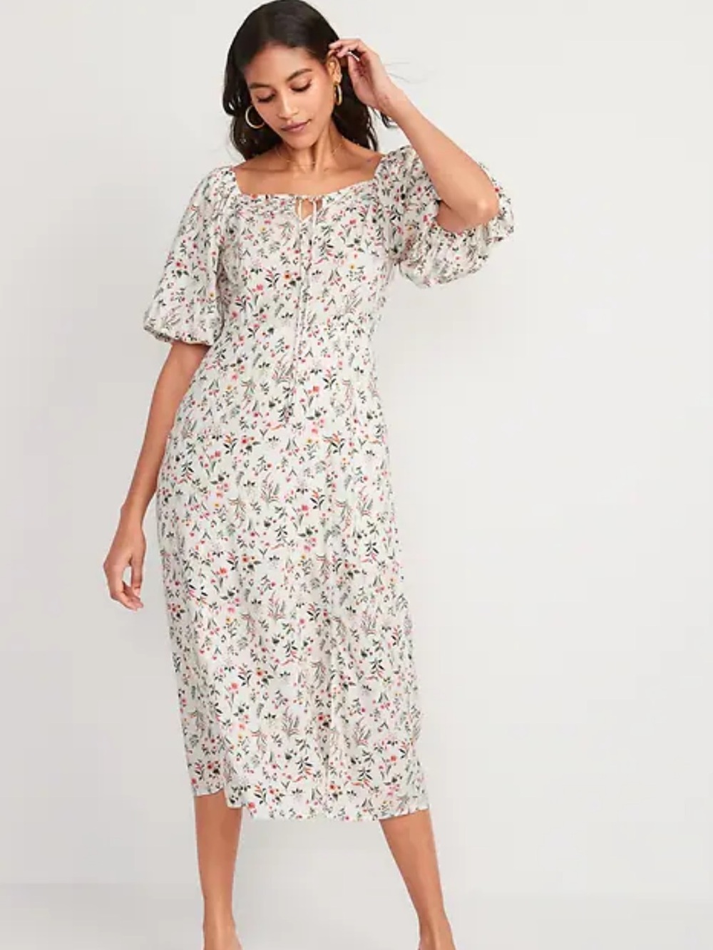 Old Navy White Floral Puff-Sleeve Midi Dress